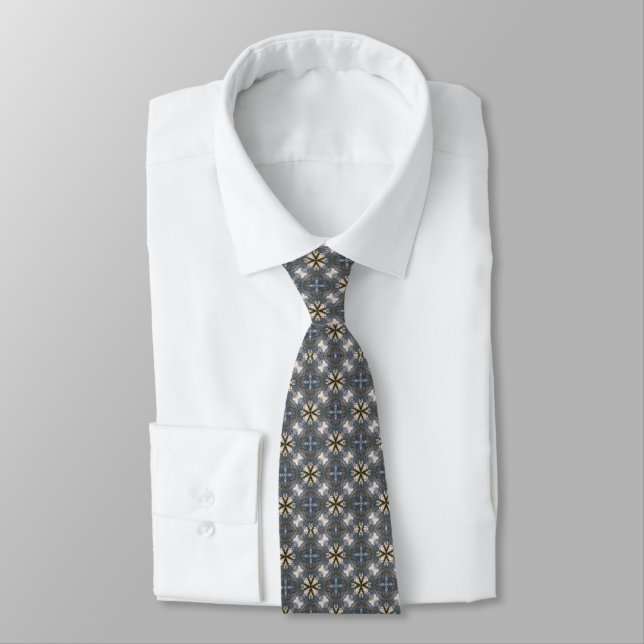 Grey White Gold Stylish Dapper Plaid Pattern Neck Tie (Tied)