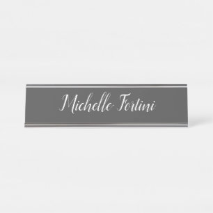 Grey White Handwriting Minimalist Plain Modern Desk Name Plate