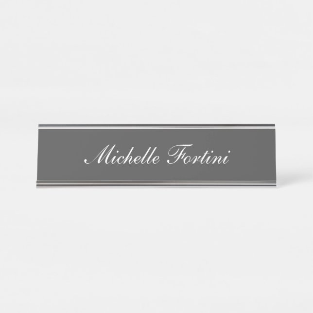 Grey White Handwriting Minimalist Plain Modern Desk Name Plate (Front)