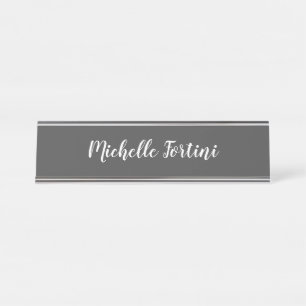 Grey White Handwriting Minimalist Plain Modern Desk Name Plate
