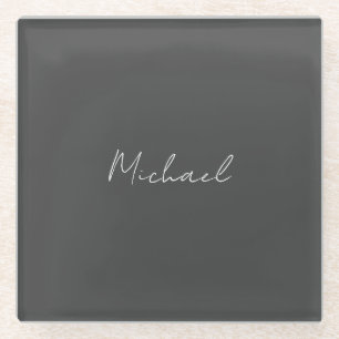 Grey White Handwritten Minimalist Your Name Glass Coaster