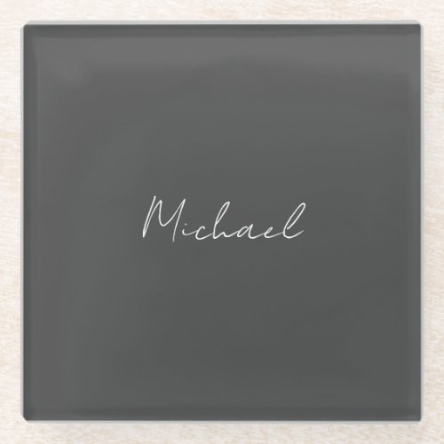 Grey White Handwritten Minimalist Your Name Glass Coaster