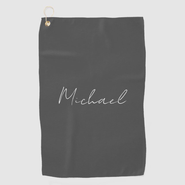 Grey White Handwritten Minimalist Your Name Golf Towel (Front)