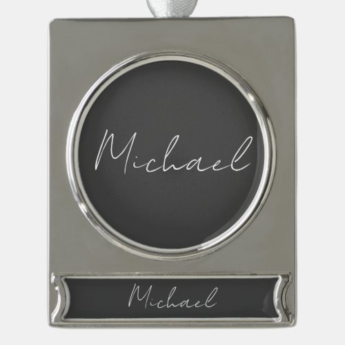 Grey White Handwritten Minimalist Your Name Silver Plated Banner Ornament