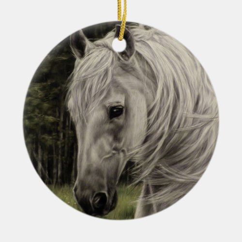 Grey white horse running in meadow ceramic ornament