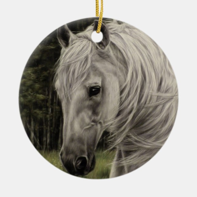 Grey white horse running in meadow ceramic ornament (Front)