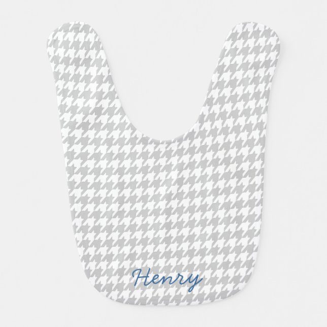 Grey & White Houndstooth Pattern Monogram Baby Bib (Front)