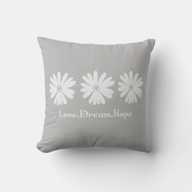 Grey White Inspirational Daisy Flowers Throw Pillow (Front)