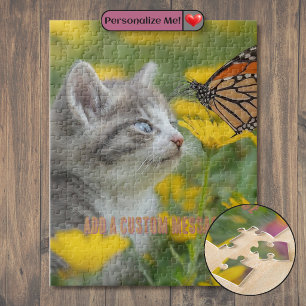 Grey White Kitten Monarch Butterfly Jigsaw Puzzle
