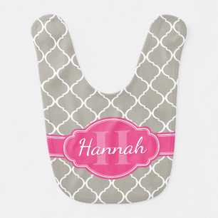 Grey White Lattice Pattern Pink Monogram Baby Bib
