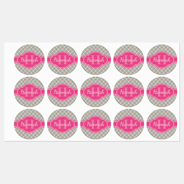 Grey White Lattice Pattern Pink Monogram Labels (Sheet)