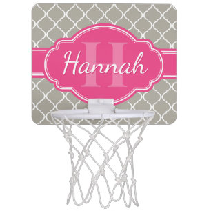 Grey White Lattice Pattern Pink Monogram Mini Basketball Hoop