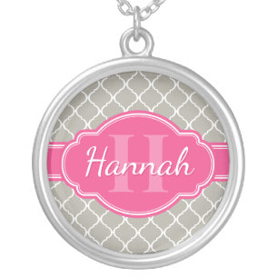 Grey White Lattice Pattern Pink Monogram Silver Plated Necklace
