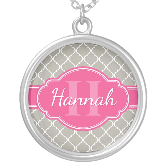 Grey White Lattice Pattern Pink Monogram Silver Plated Necklace (Front)