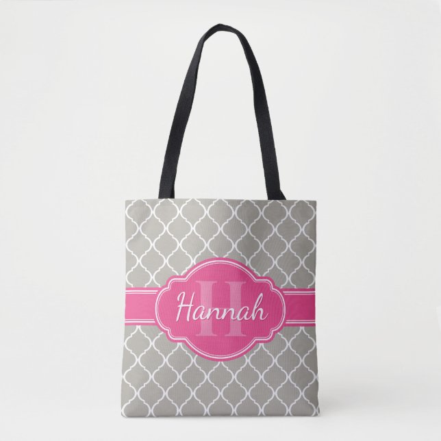 Grey White Lattice Pattern Pink Monogram Tote Bag (Front)