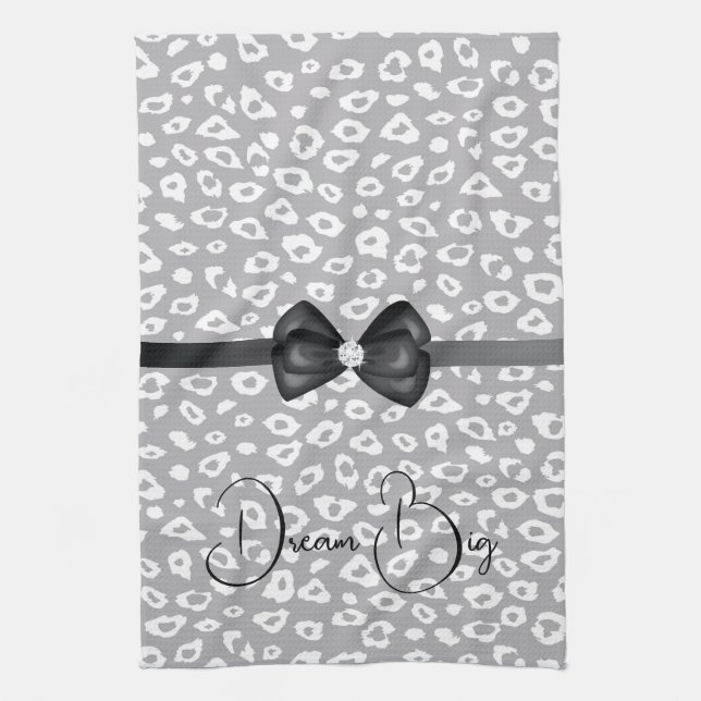 Grey White Leopard Ribbon Bow Diamond Kitchen Towel (Vertical)