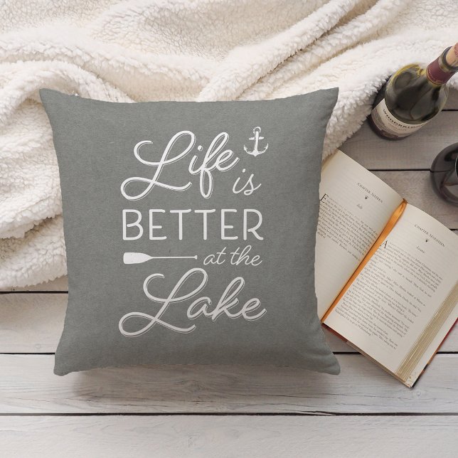 Grey & White Life Is Better At the Lake Throw Pillow (Creator Uploaded)