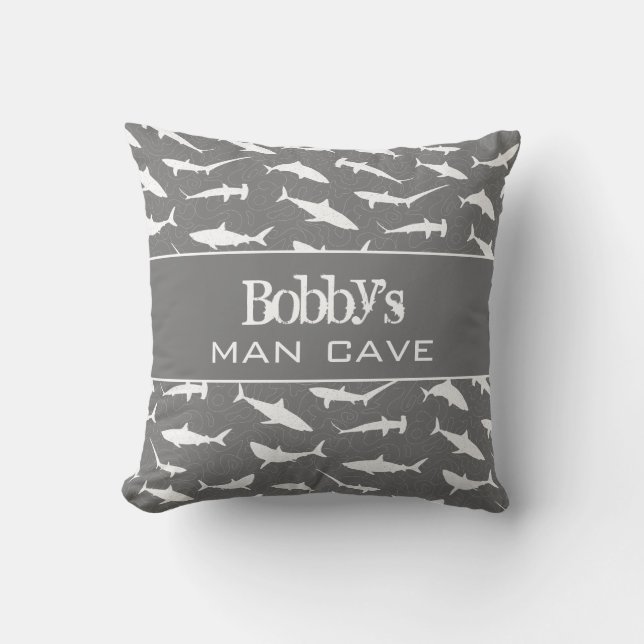Grey White Man Cave Shark Throw Pillow (Front)