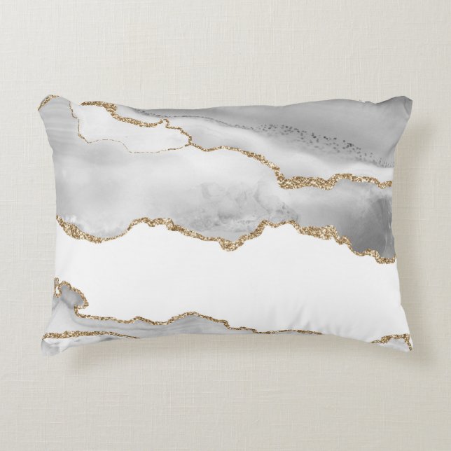 Grey White Marble Agate Gold Accent Minimal Luxury Pillow (Front)