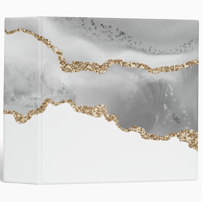Grey White Marble Agate Refined Golden Glitter 3 Ring Binder (Front/Spine)