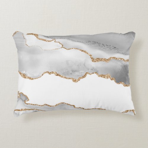 Grey White Marble Agate Refined Golden Glitter Accent Pillow