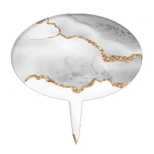 Grey White Marble Agate Refined Golden Glitter Cake Topper