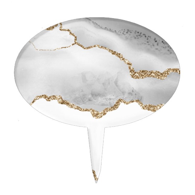 Grey White Marble Agate Refined Golden Glitter Cake Topper (Front)