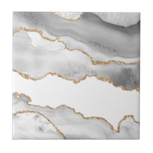 Grey White Marble Agate Refined Golden Glitter Ceramic Tile