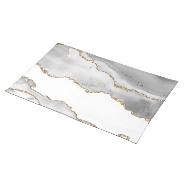 Grey White Marble Agate Refined Golden Glitter Cloth Placemat (On Table)