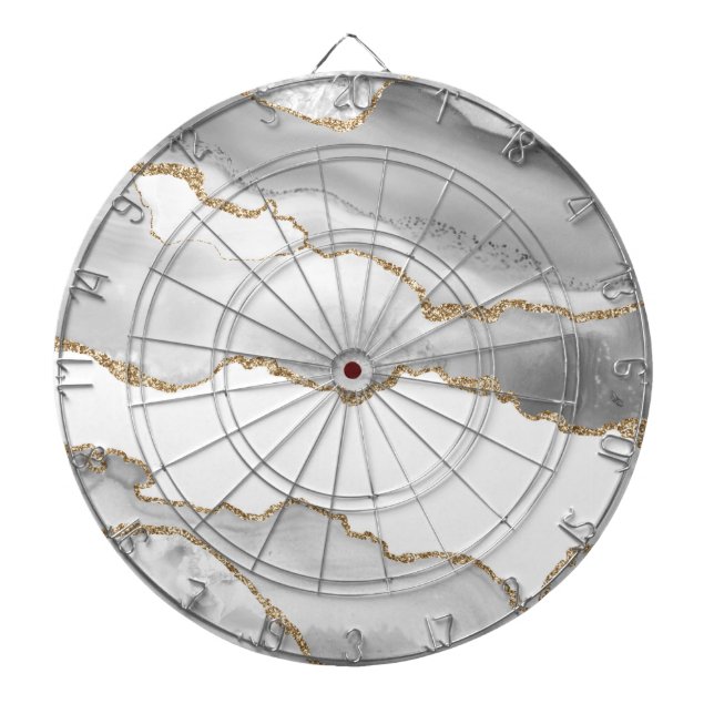 Grey White Marble Agate Refined Golden Glitter Dart Board (Front)