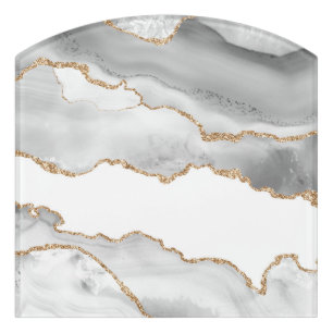 Grey White Marble Agate Refined Golden Glitter Door Sign