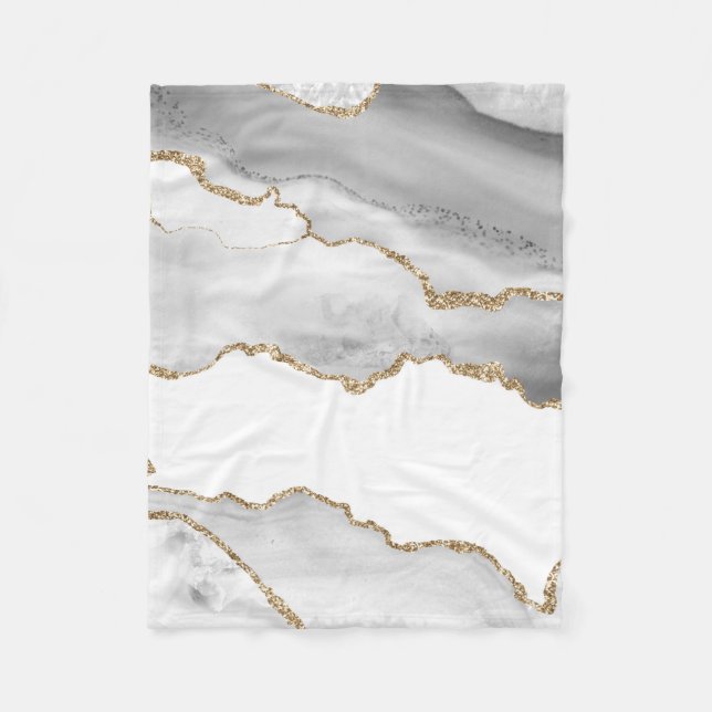 Grey White Marble Agate Refined Golden Glitter Fleece Blanket (Front)