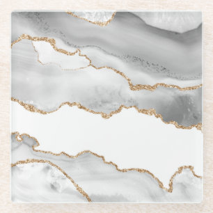Grey White Marble Agate Refined Golden Glitter Glass Coaster