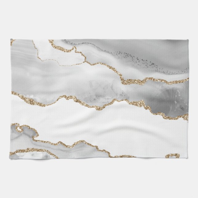 Grey White Marble Agate Refined Golden Glitter Kitchen Towel (Horizontal)