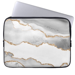 Grey White Marble Agate Refined Golden Glitter Laptop Sleeve