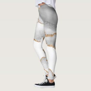Grey White Marble Agate Refined Golden Glitter Leggings