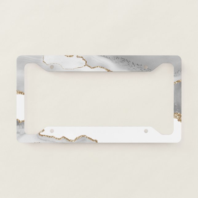 Grey White Marble Agate Refined Golden Glitter License Plate Frame (Front)