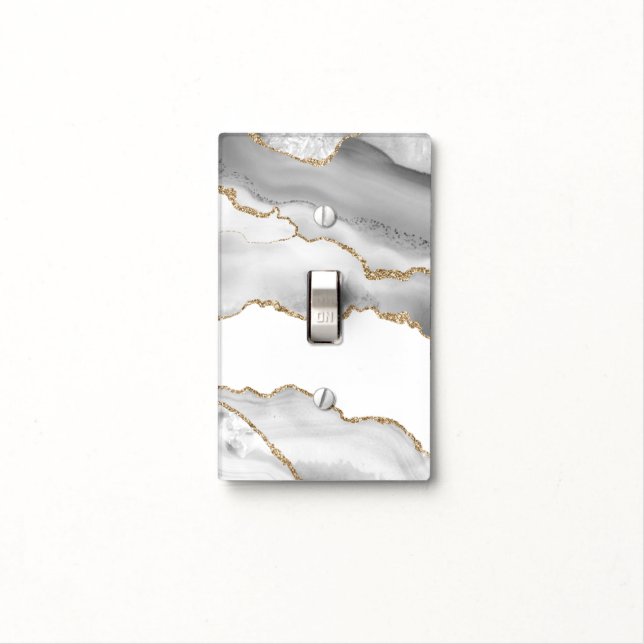 Grey White Marble Agate Refined Golden Glitter Light Switch Cover (In Situ)