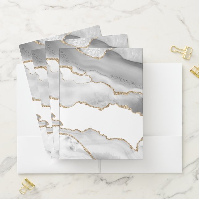 Grey White Marble Agate Refined Golden Glitter Pocket Folder (In Situ)