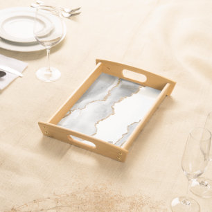 Grey White Marble Agate Refined Golden Glitter Serving Tray