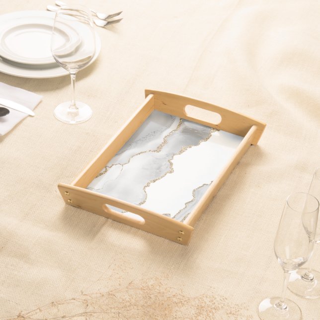 Grey White Marble Agate Refined Golden Glitter Serving Tray (Front)