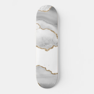 Grey White Marble Agate Refined Golden Glitter Skateboard