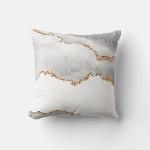 Grey White Marble Agate Refined Golden Glitter Throw Pillow