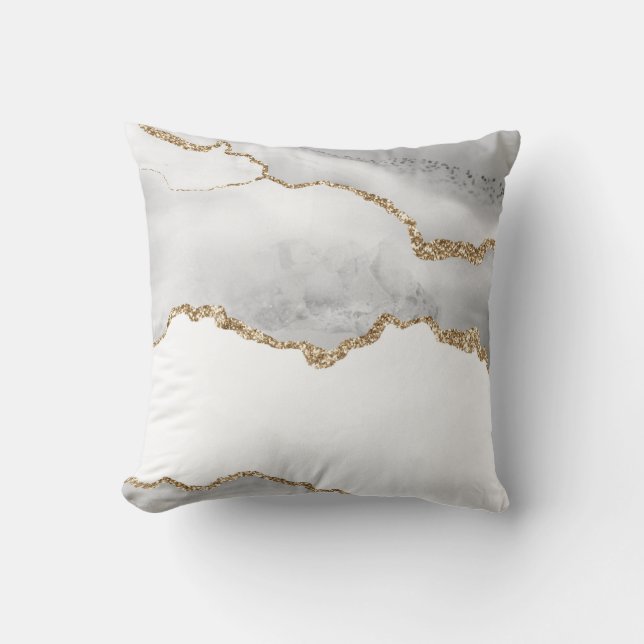 Grey White Marble Agate Refined Golden Glitter Throw Pillow (Front)