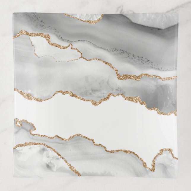 Grey White Marble Agate Refined Golden Glitter Trinket Tray (Front)