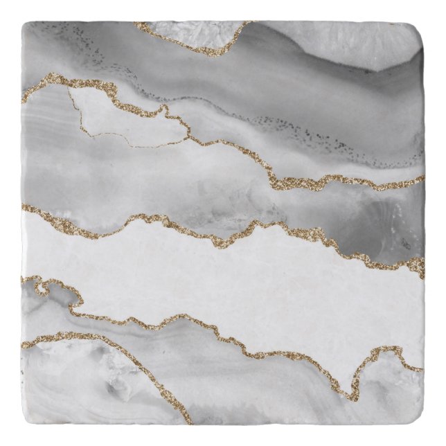 Grey White Marble Agate Refined Golden Glitter Trivet (Front)