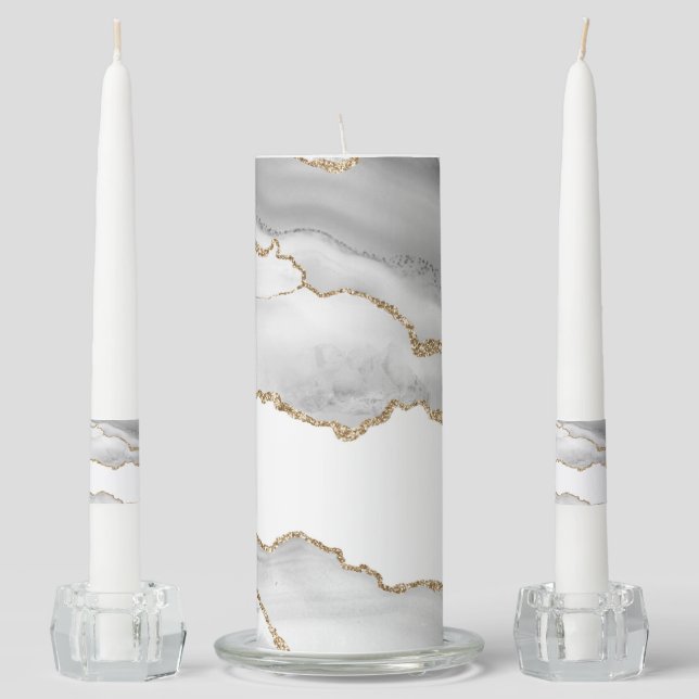 Grey White Marble Agate Refined Golden Glitter Unity Candle Set (Front)