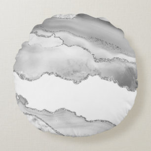 Grey White Marble Agate Silver Glitter Elegant Round Pillow