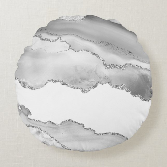 Grey White Marble Agate Silver Glitter Elegant Round Pillow (Front)