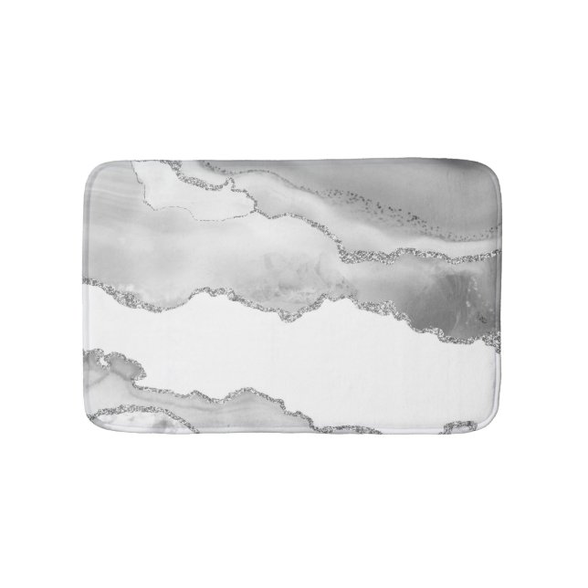 Grey White Marble Agate Simple Silver Glitter Bath Mat (Front)